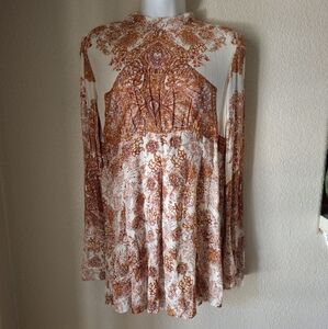 Free People Bohemian Long Sleeve Blouse in Orange and White Small New